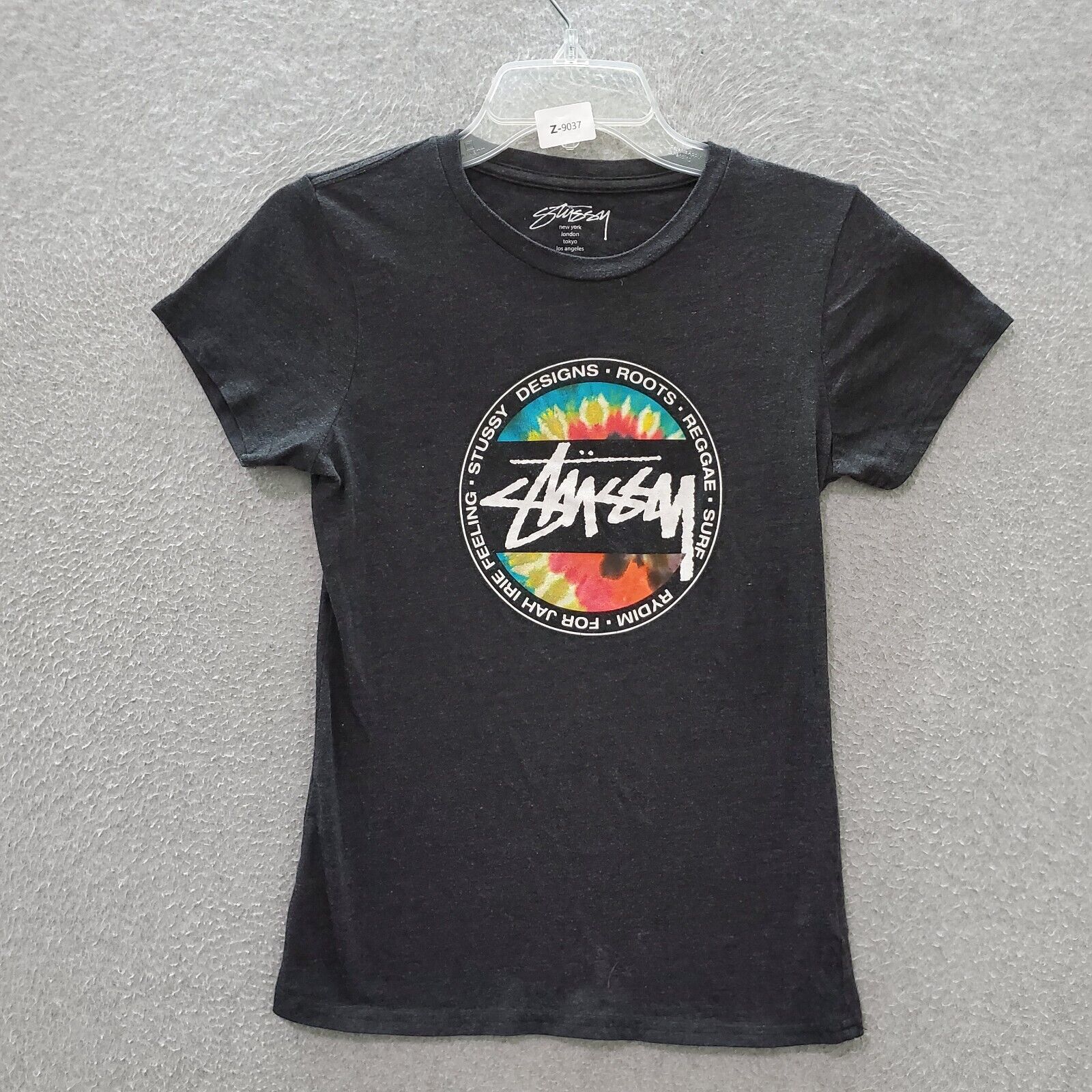 Stussy Women Top Small Gray T-Shirt Tie Dye Circle Logo Stussy Women Top Small Gray T-Shirt Tie Dye Circle Logo