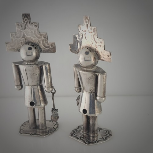 Rare Navajo Sterling pr Salt & Pepper Shakers figural & hand stamped decorations