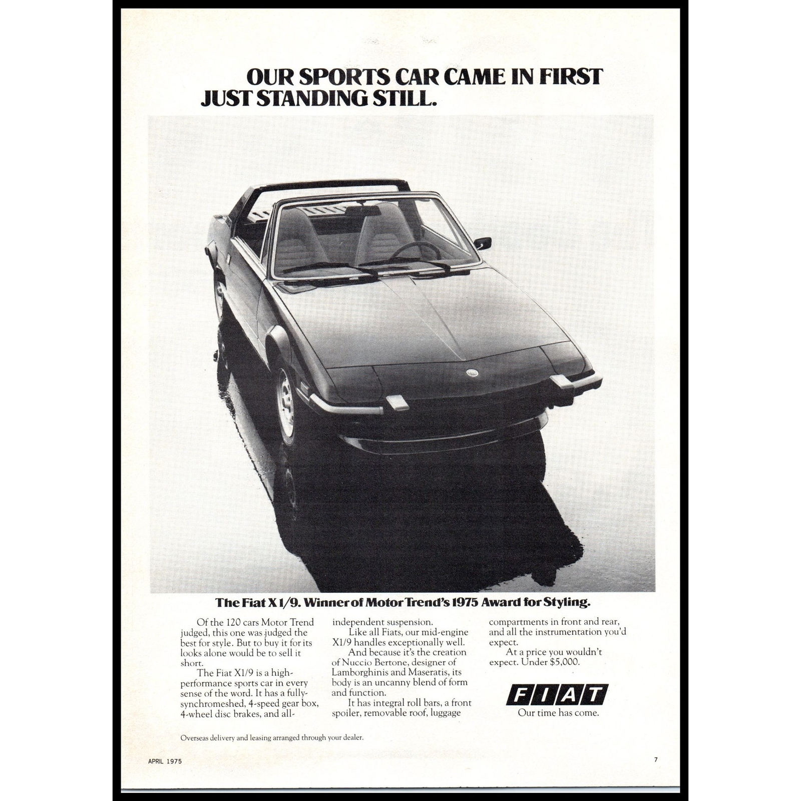 1975 Fiat X1/9 Sports Car Coupe Vintage Print Ad Italian