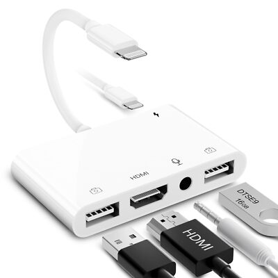 Lightning to HDMI Adapter for iPhone/iPad to TV, Dual USB OTG Adapter with Mi...