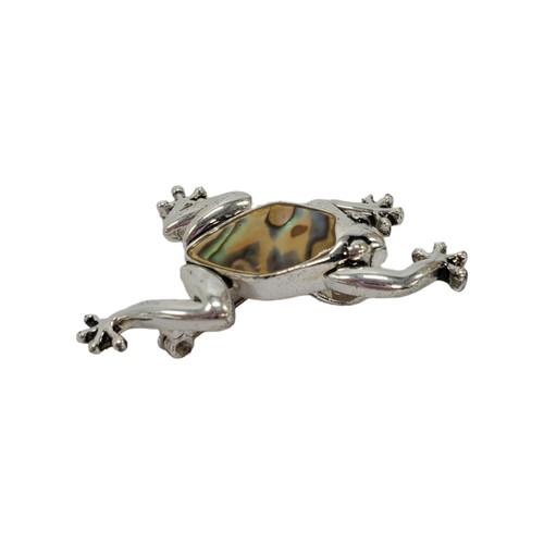 Climbing Tree Frog Brooch Pin Pendant Faux Abalone Jelly Belly Silver Tone 2.25"