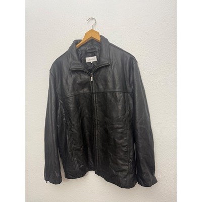 Calvin Klein Mens Black Leather Full Zip Jacket XL Classic Biker Minimalist
