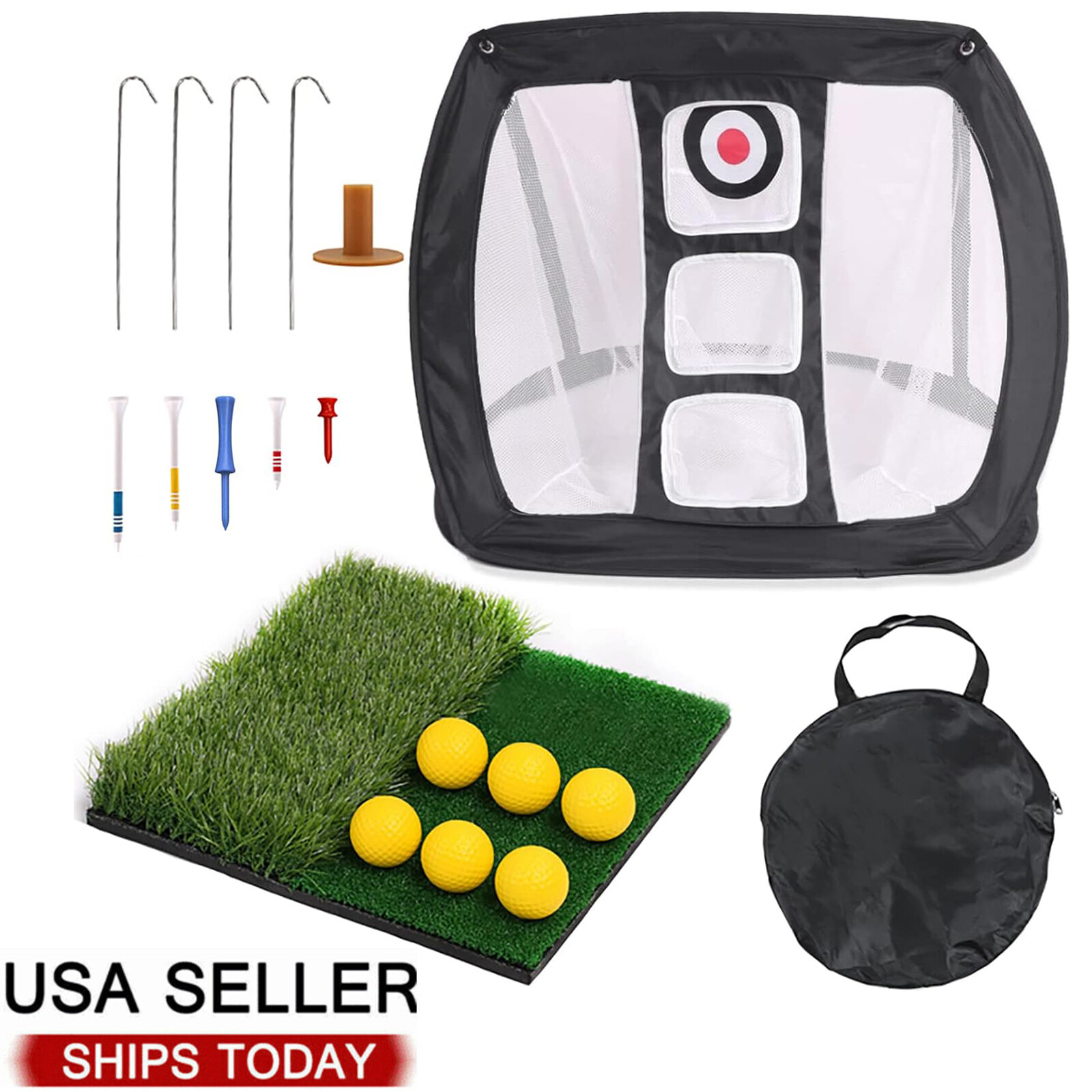 Chipping Net Dual Turf Hitting Mat With 3 Rubber Tees Combo