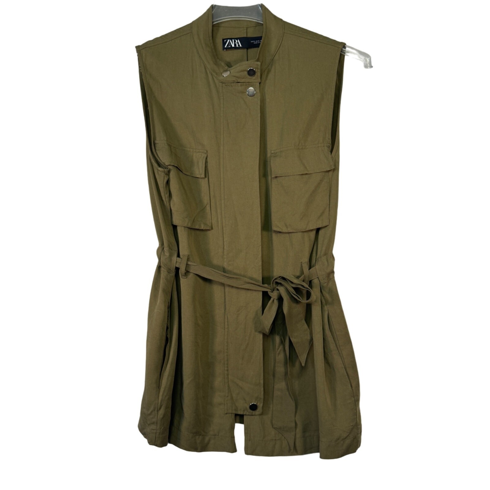 Zara Olive Green Sleeveless Utility Vest With Belt & Pockets