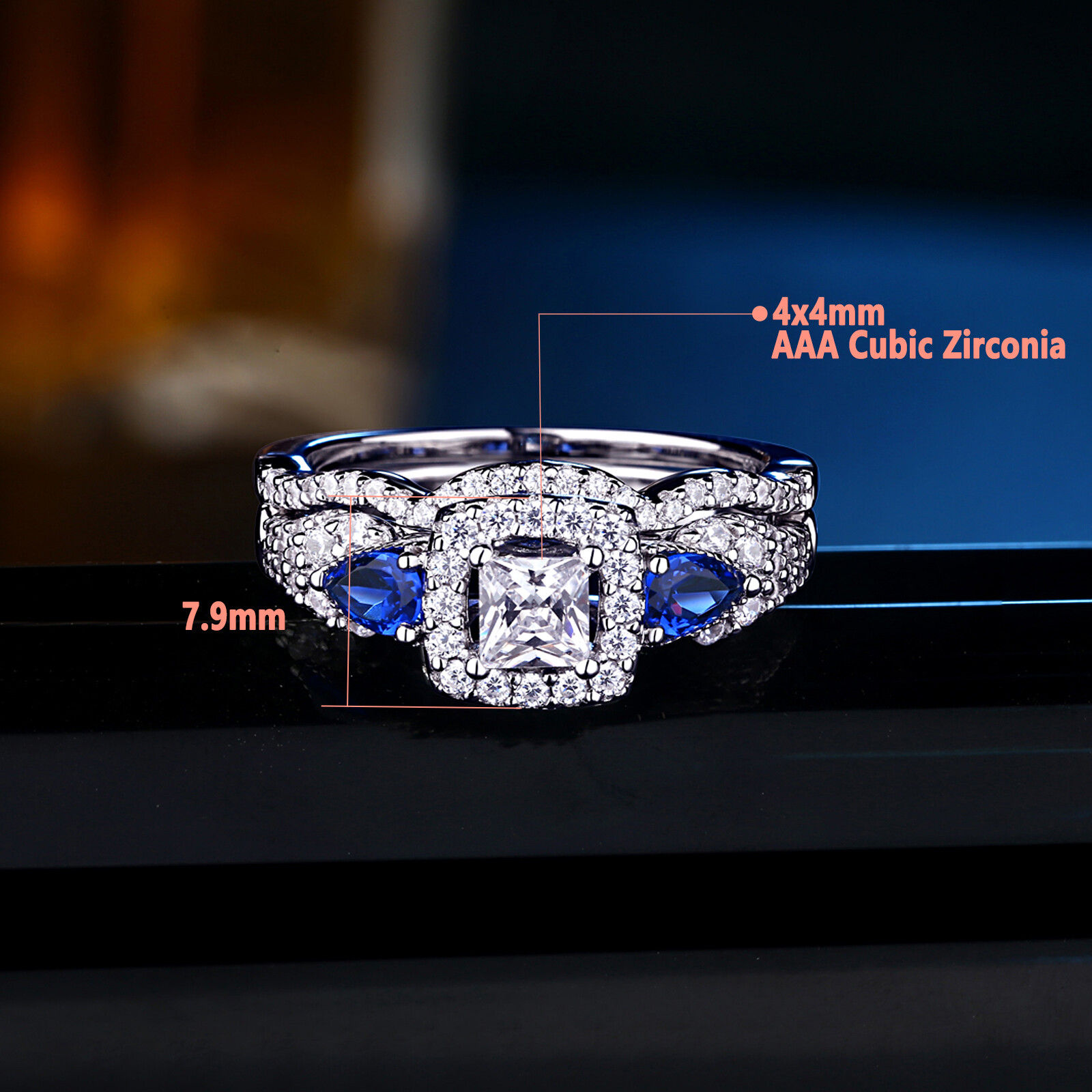 3 Stone Blue Sapphire Women Silver Ring Engagement Ring Sterling Silver