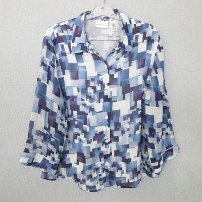 Alfred Dunner Button Front Top Size 16 Blue Purple White Geometric Blouse