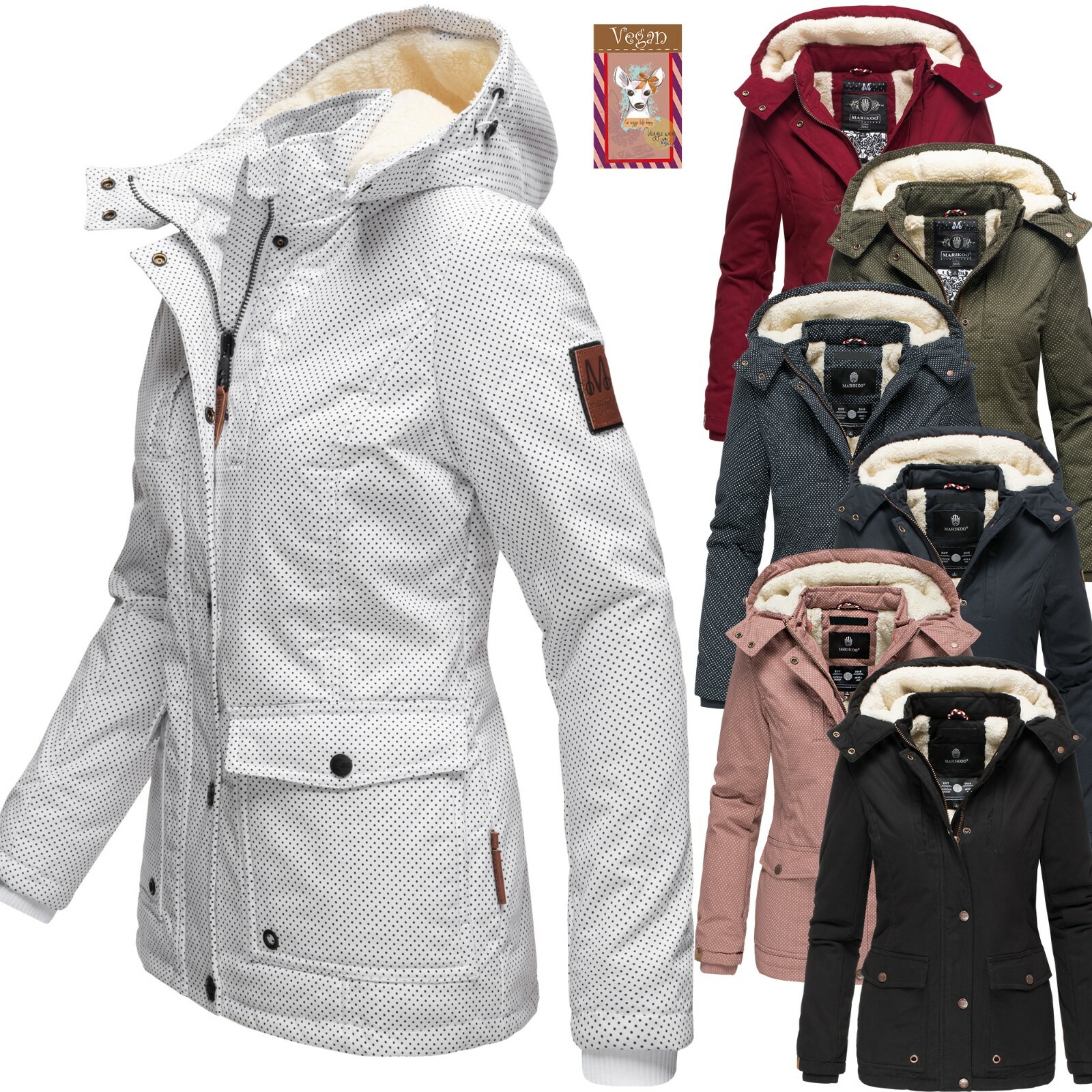 Marikoo Damen Jacke Winterjacke Kurz Mantel Kapuze Parka Print Teddyfell Keikoo