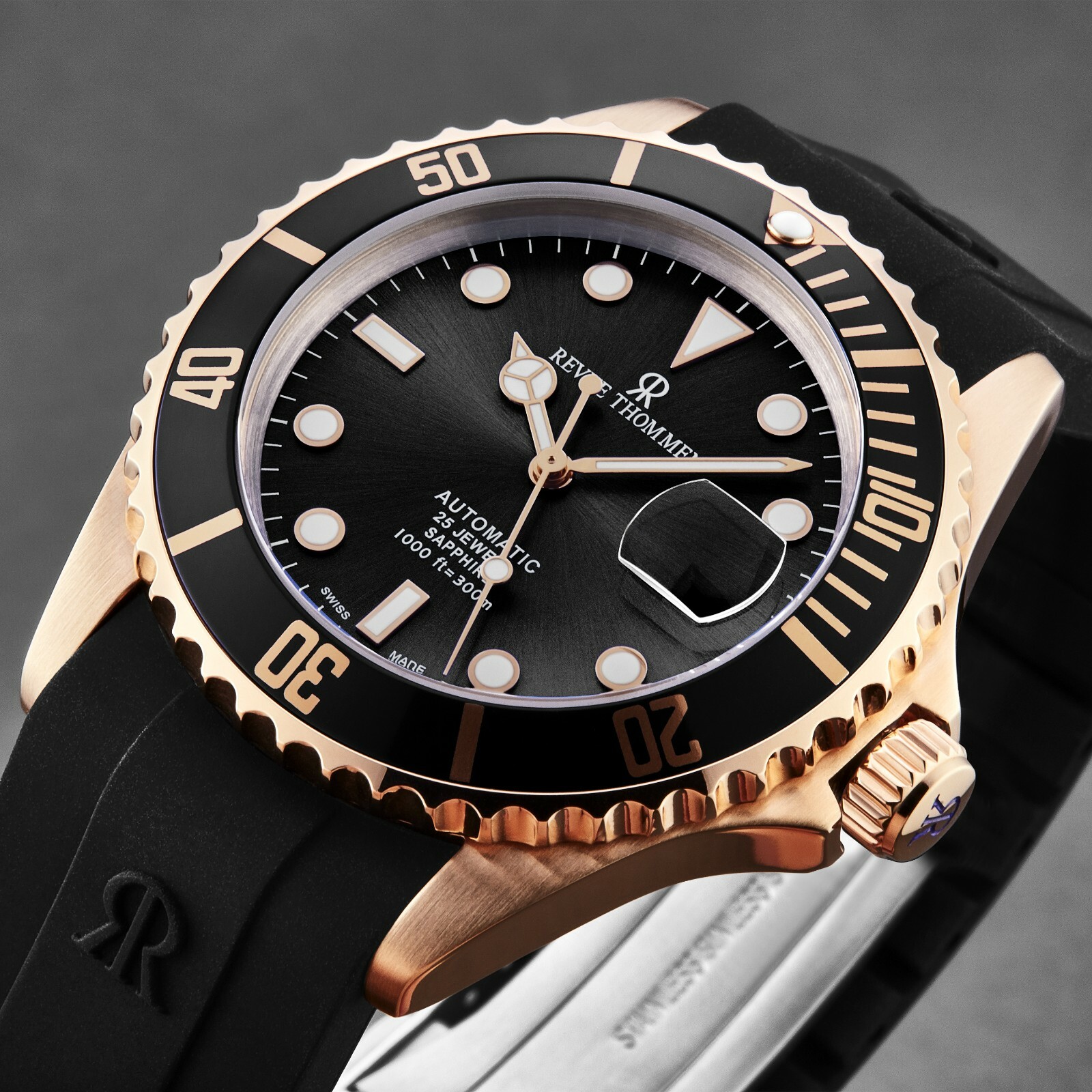 Pre-owned Revue Thommen 's Men's Diver Black Dial Rubber Strap Automatic Watch 17571.2867