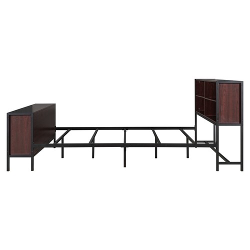 Queen Size Platform Bed Frame Metal with Storage Cabinet Shelves Headboard Black