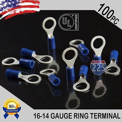 100 PACK 16-14 Gauge 5/16'' Stud Insulated Vinyl Ring Terminals Tin Copper Core