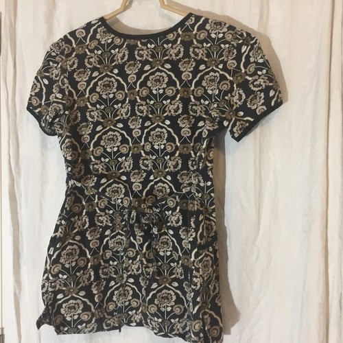 Healing Hands Women's Scrubs Top Small Brown 3 Button Tie Back Floral Pattern