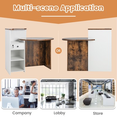 Front Reception Counter Desk Checkout Office Desk w/Open Shelf & Lockable Drawer
