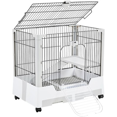 30'' Small Animal Cage 2-Level Open Top Rabbit Cage on Wheels with Pull-Out T...