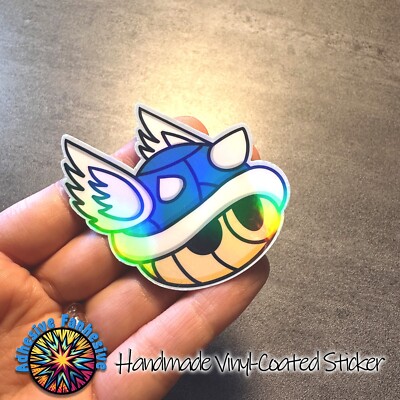 Blue First Player Shell Mario Kart Holographic Super Mario Sticker, Vinyl Coated
