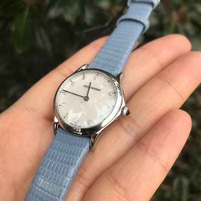 New EMPORIO ARMANI ARS7503 SWISS MADE Diamond Blue Lizard Skin Strap Women Watch