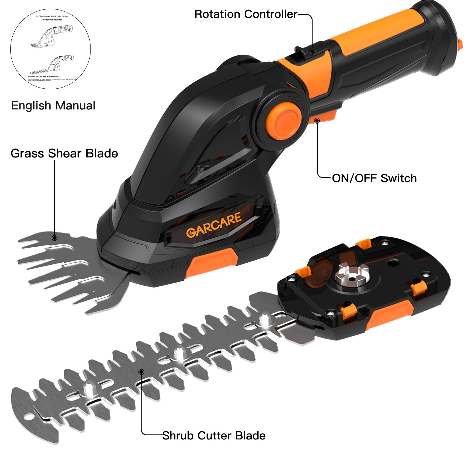 GARCARE 2 in 1 Grass Shears & Hedge Trimmer, Cordless Handheld Bush Trimmer