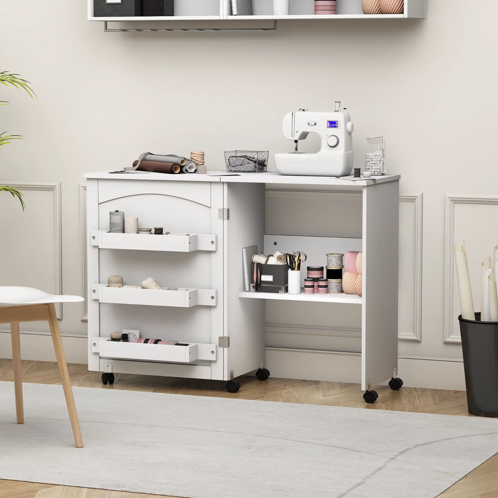 Sewing Machine Table Compact Folding Cabinet with One Storage Shelf  Three Trays