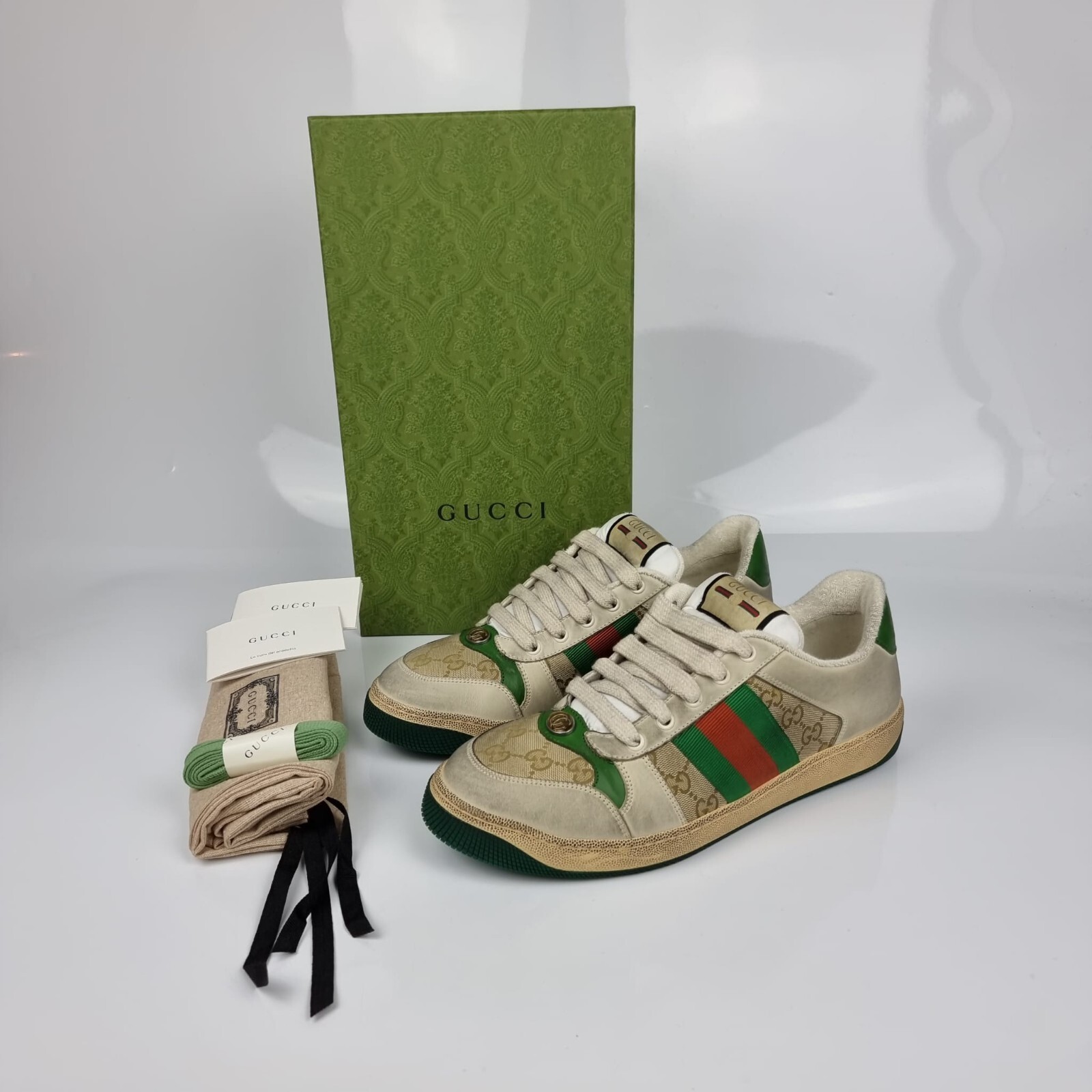 Pre-owned Gucci Screener Beige And Green Men's Sneakers