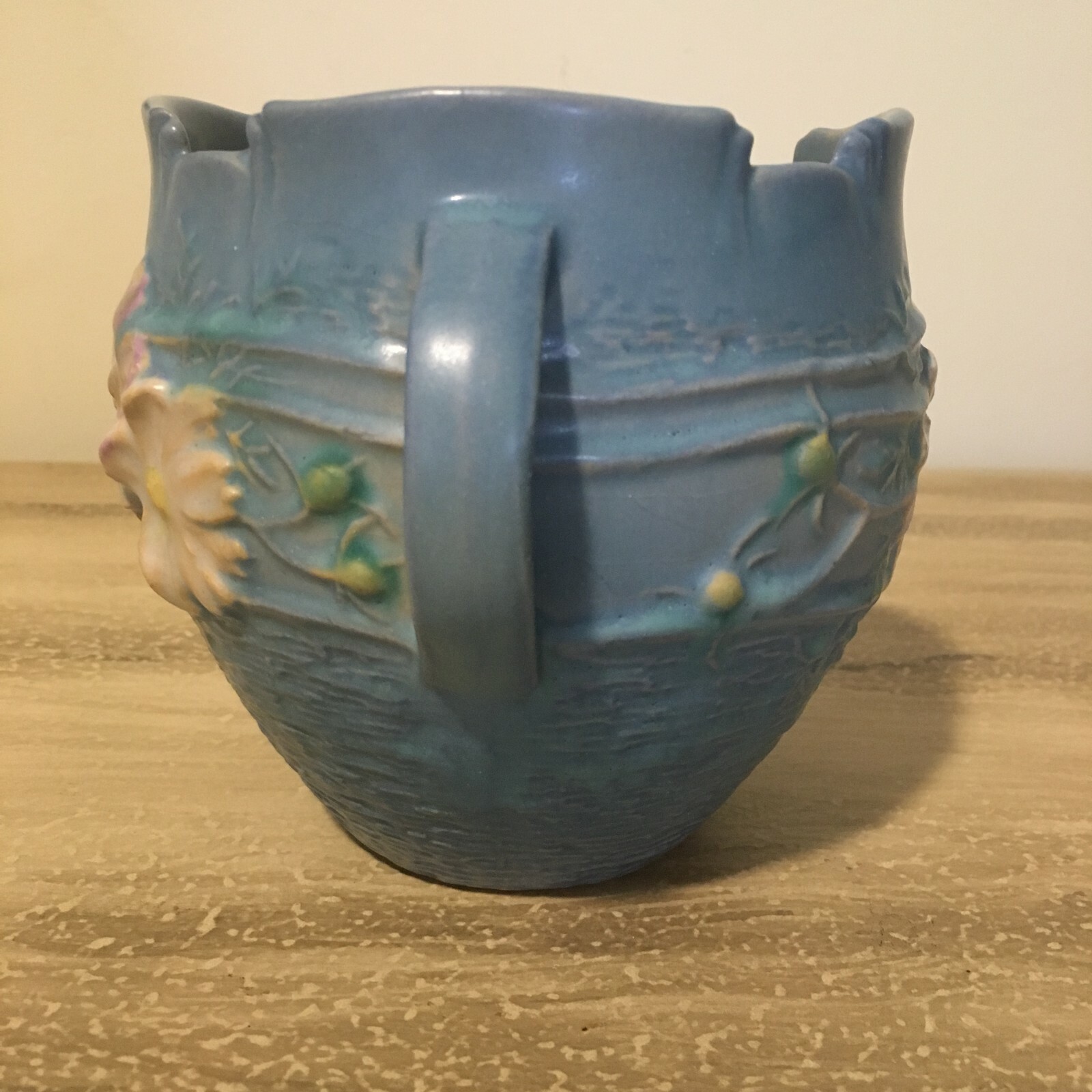 Roseville Art Pottery Cosmos Double Handled Jardiniere Bowl 649-4 Blue