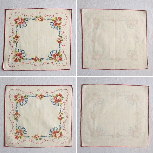 4 Vtg Red Floral Bouquet Blue Ribbon Printed Cloth Napkins