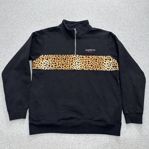 Supreme Mens Black Leopard Panel Cotton 1/2 Zip Pullover Supreme Mens Black Leopard Panel Cotton 1/2 Zip Pullover