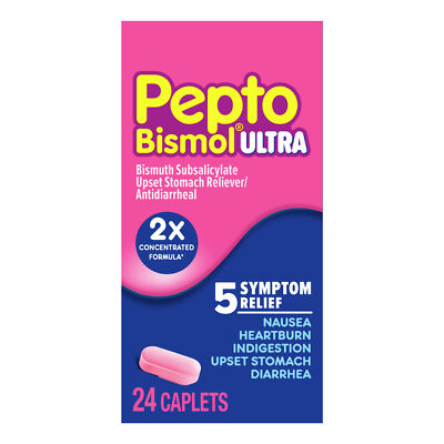 Pepto Bismol Ultra Stomach Anti-Diarrheal 5 Symptoms Relief Caplets 24 Counts
