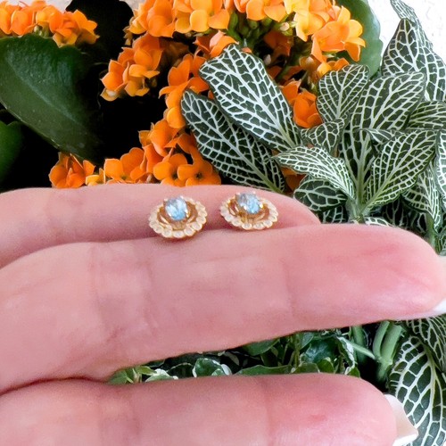 14k Yellow Gold Swiss Blue Topaz & Diamond Halo Oval Stud Earrings, New - Picture 5 of 11