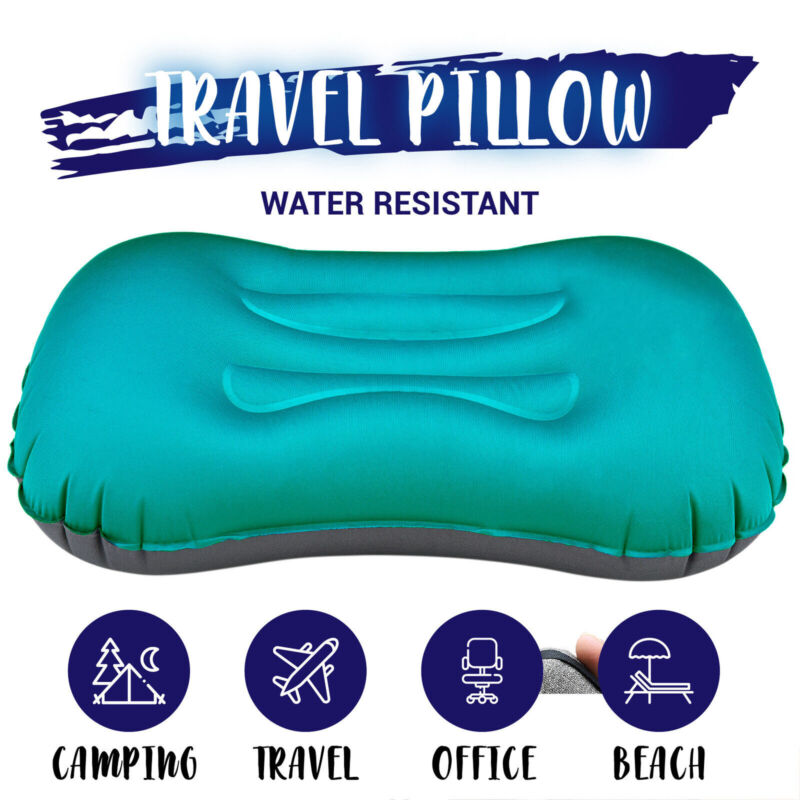 Air Pillow Inflatable Cushion Portable Head Rest Compact Travel Camping w/ Pouch