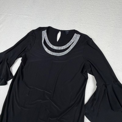 MSK Black Shift Dress Rhinestone Neckline Bell Sleeve Cocktail XL RN 90714