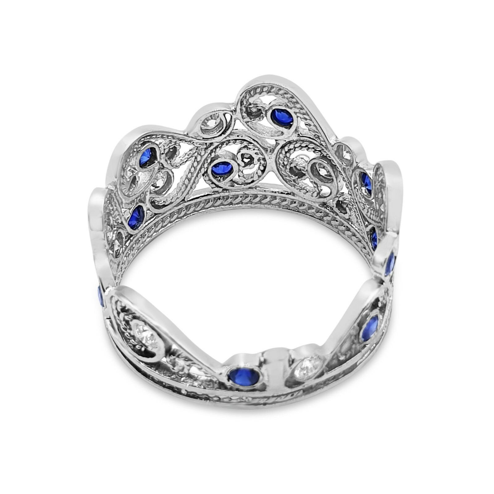Pre-owned Handmade Deluxe 14k White Gold Blue Sapphire Lavender Stone Filigree Crown Ring