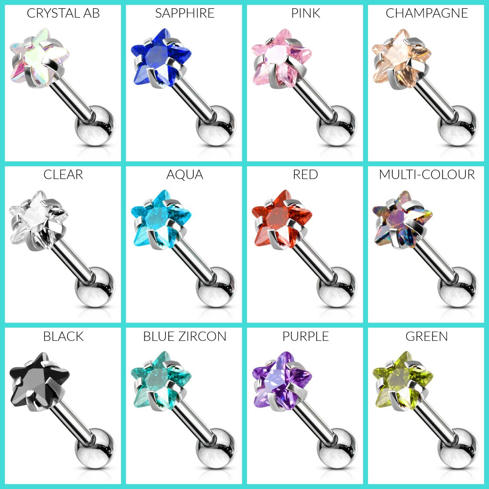 Cute 4mm Cubic Zirconia Star Cartilage Bar Ear Piercing Claw Prong Set Crystal