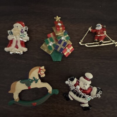 Lot of 5  Vintage Christmas Pins Brooches Skiing Santa And More