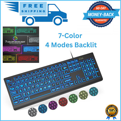 SABLUTE Large Print Backlit Keyboard, Wired USB Lighted Computer Keyboards wi...