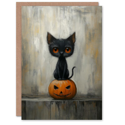 Creepy Cat on Carved Pumpkin Face Grunge Scary Haunted Halloween Card