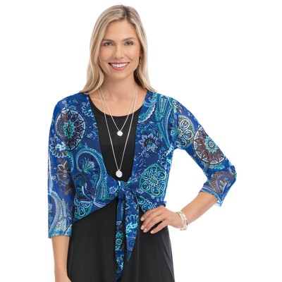 Colorful Paisley Print Mesh Tie Front 3/4 Sleeve Shrug