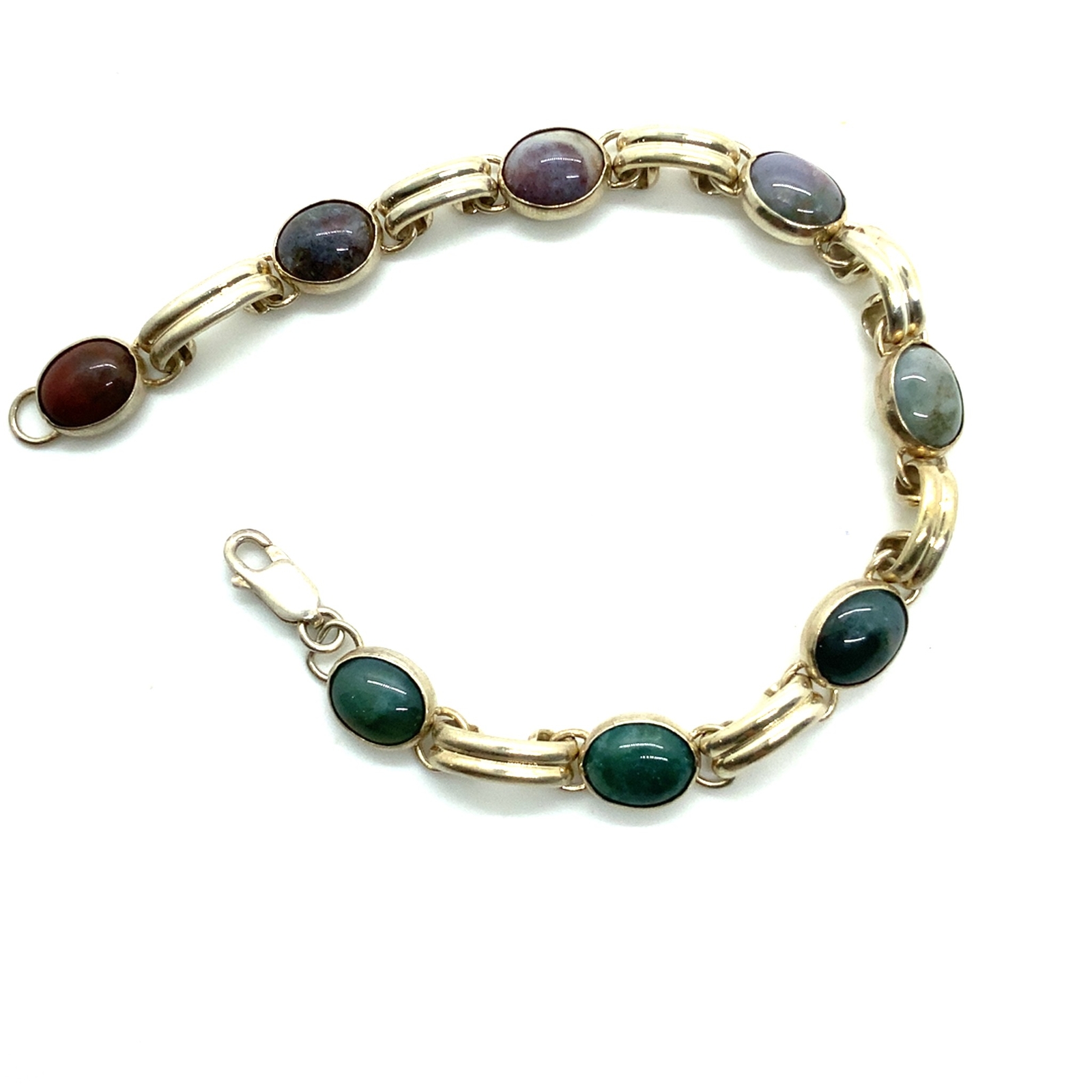 Vintage Signed Sterling Multi Colored Moss Agate Panel Link Bracelet size 7 1/4