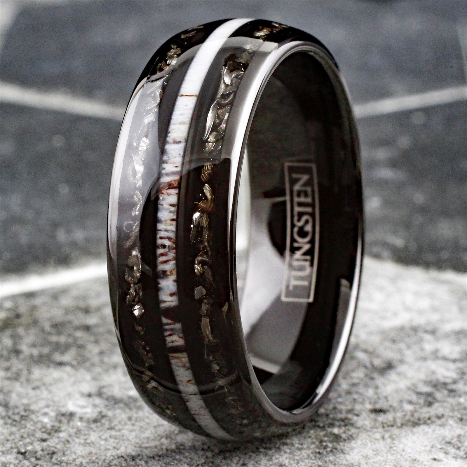 Black Tungsten Carbide Men's Ring w/ Deer Antler & Meteorite Wedding Band