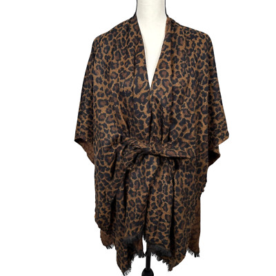 Francescas Poncho Sweater One Size Leopard Animal Print Belted Fringe Boho Knit