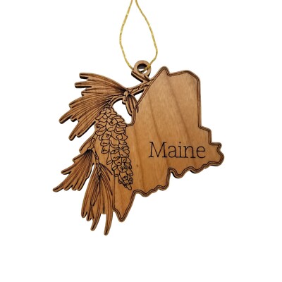Maine Wood Ornament -  ME State Shape with State Flowers White Pine Cone