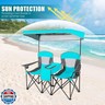 GYMAX Double Camping Chair, Beach Chair with Canopy Shade, Adjustable UV Protection, Cooler, Cup Holder and Carry Bag, Folding Portable Lawn Soccer Camp Chair with Umbrella for Adults (Navy, 2 Person)