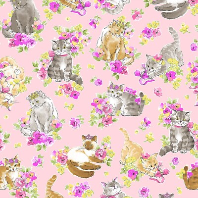 Feline Drive Fabric CUTE CATS & FLOWERS Pink Cosmo Fat Quarter (18''x22'') FQ