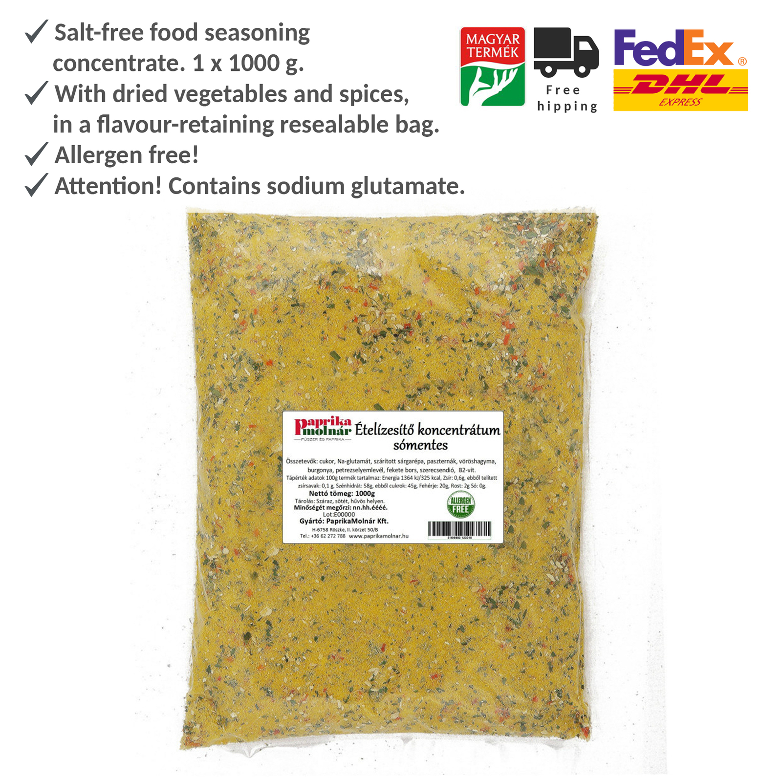 Salt-Free Food Seasoning Concentrate, Vegan, Natural, Gluten-Free, Molnar, 1000g