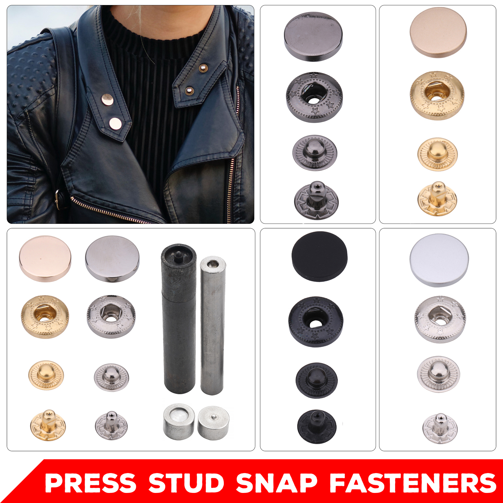 S Spring Press Studs 10mm-15mm Hand Tool 4-Part Snap Fasteners DIY Craft Set