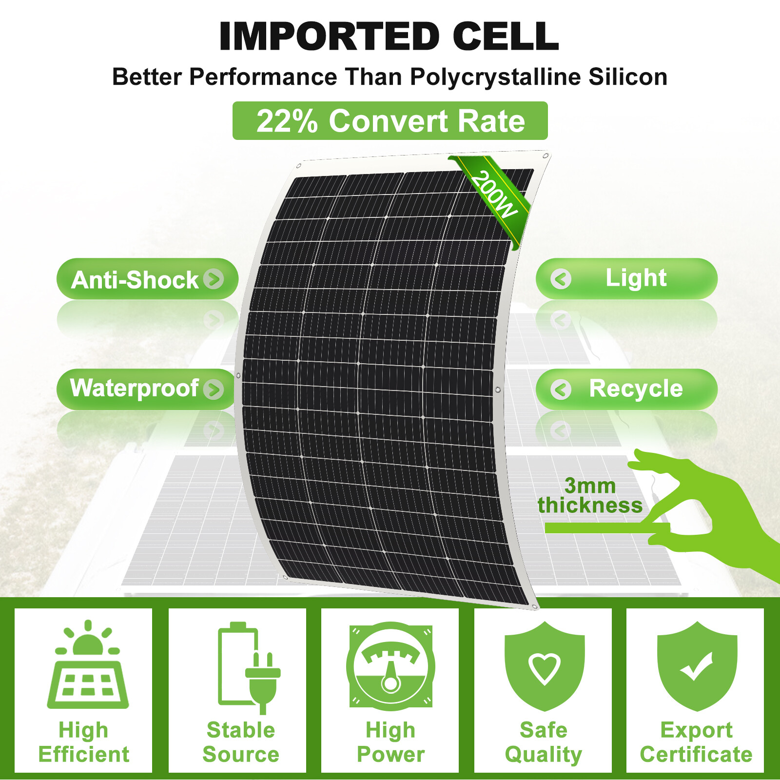 Flexible 200W Mono Solar Panel 12V Power Portable Camping Home RV Battery Charge