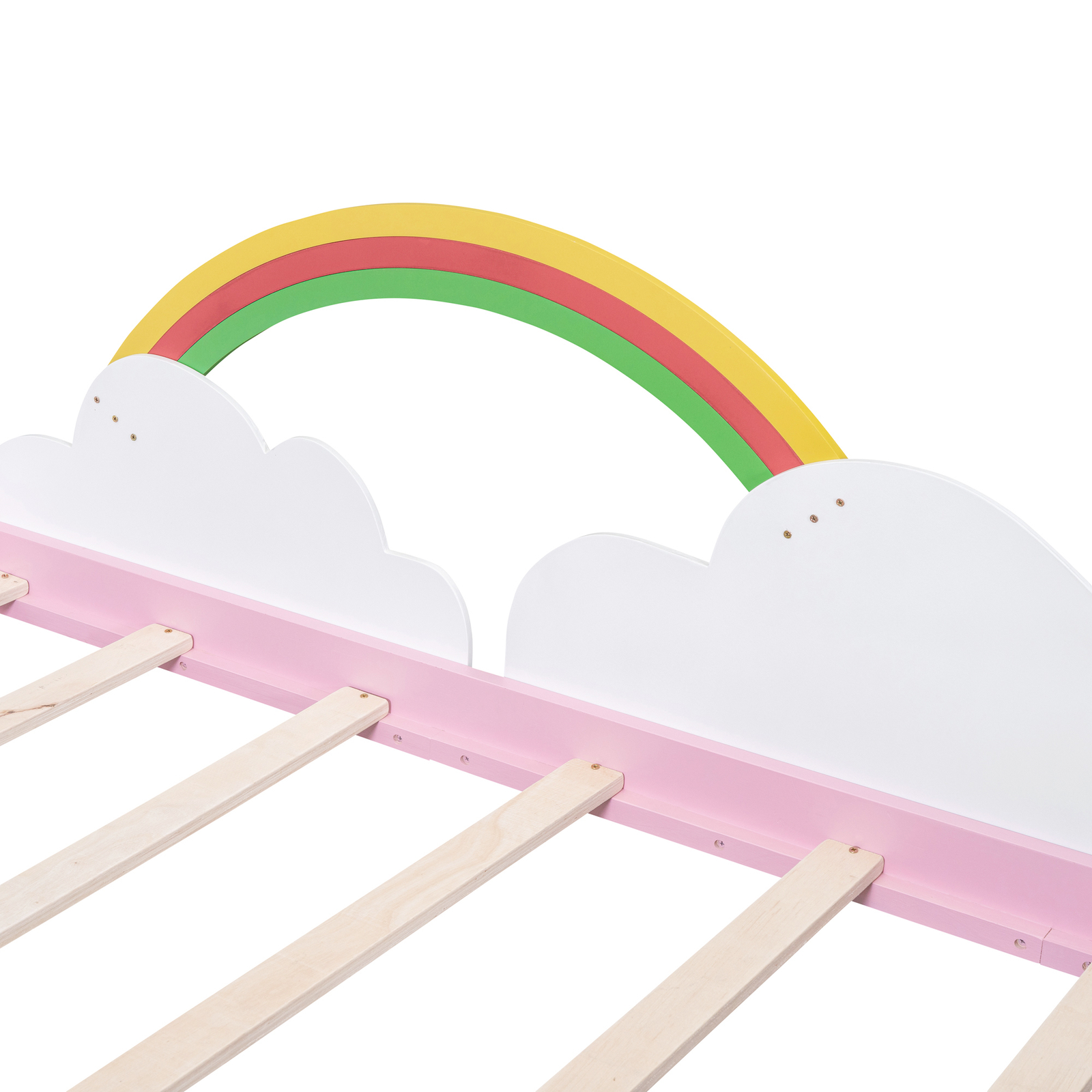 Kids Twin Size Bed Frame With 2 Drawers Wooden Slatted W/ Clouds Rainbow Decor