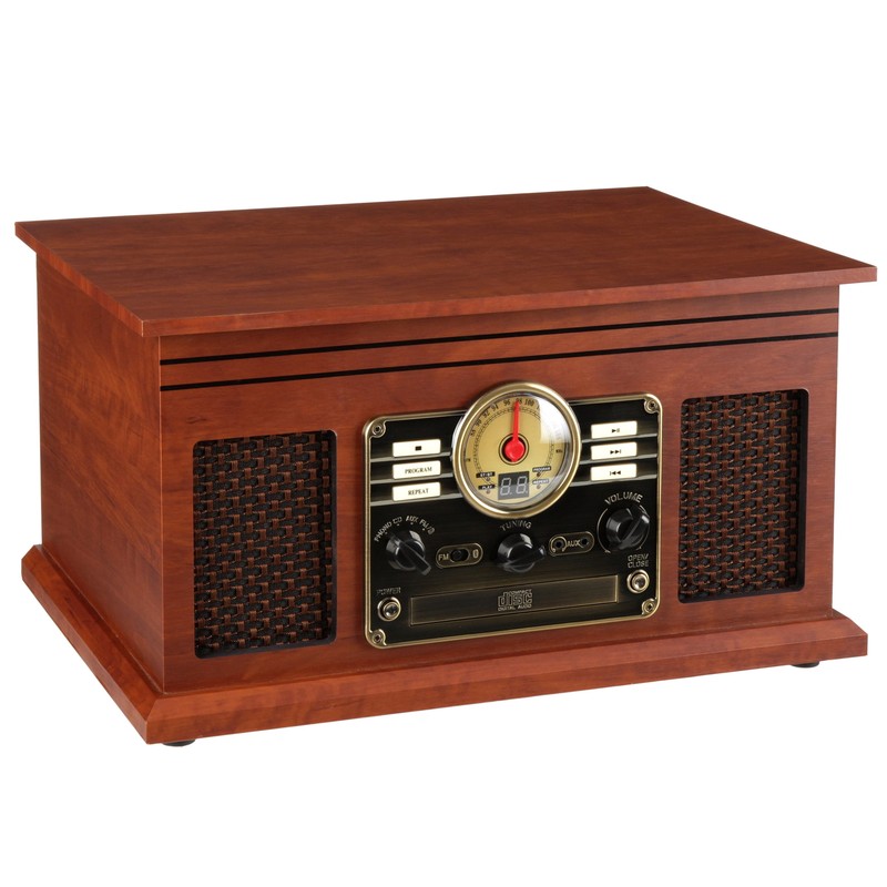 6-In-1 Nostalgic Bluetooth Record Player with 3-Speed Turntable with CD and Cass