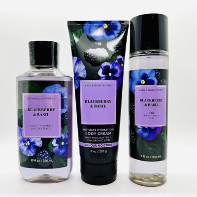 NEW SET! 3 PCS BATH & BODY WORKS BLACKBERRY & BASIL SHOWER GEL, BODY CREAM, MIST