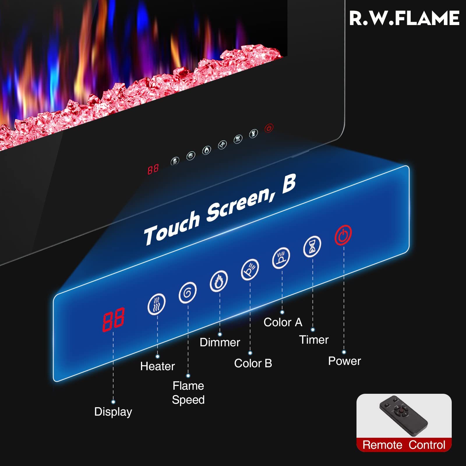 60" Electric Fireplace Recesse Heat Wall Mount Ultra $Low Noise,Remote LED Flame