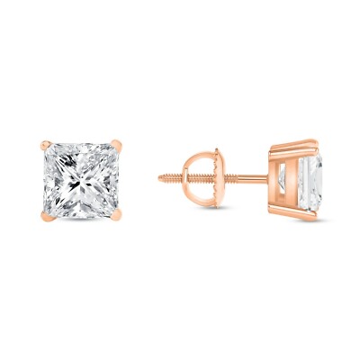 Pre-owned Shine Brite With A Diamond 3 Ct Princess Cut Earrings Studs Real Solid 14k Rose Gold Screw Back Basket In White/colorless