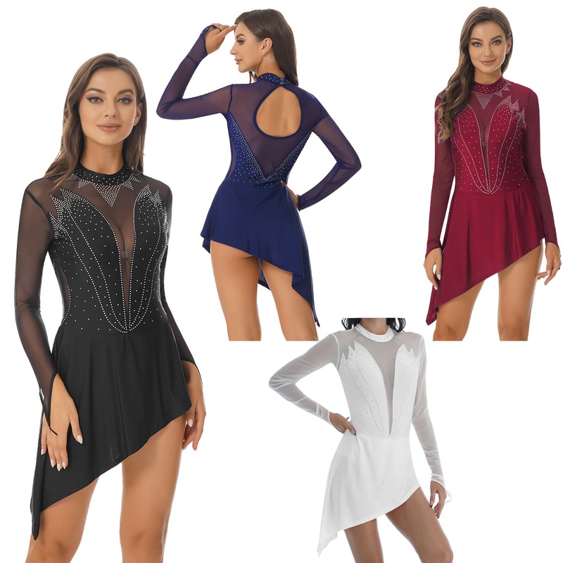 Mädchen Ballettkleid Mit Asymmetrischem Röckchen - Langarm Tanzanzug Für Ballett & Eiskunstlauf